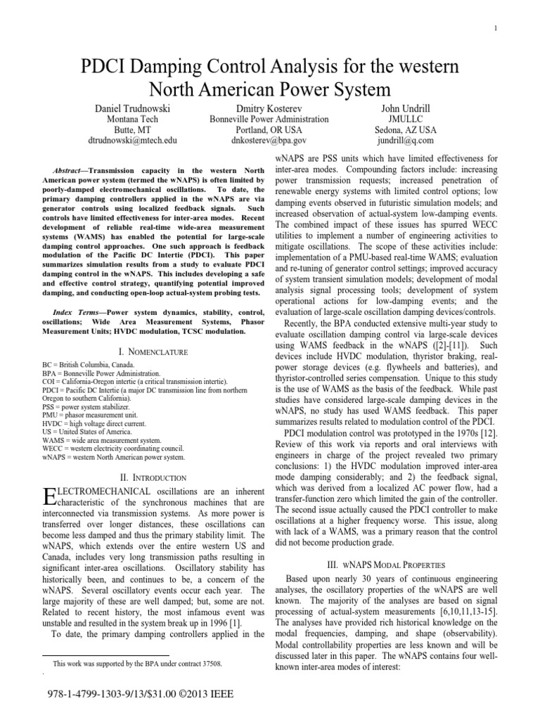 1-PDCI Damping Control Analysis For The Western North American Power ...
