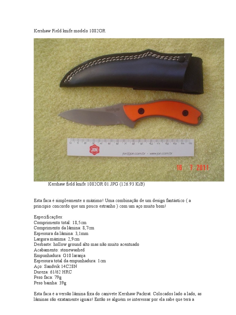 Kershaw Field Knife Modelo 1082OR PDF Faca Dureza