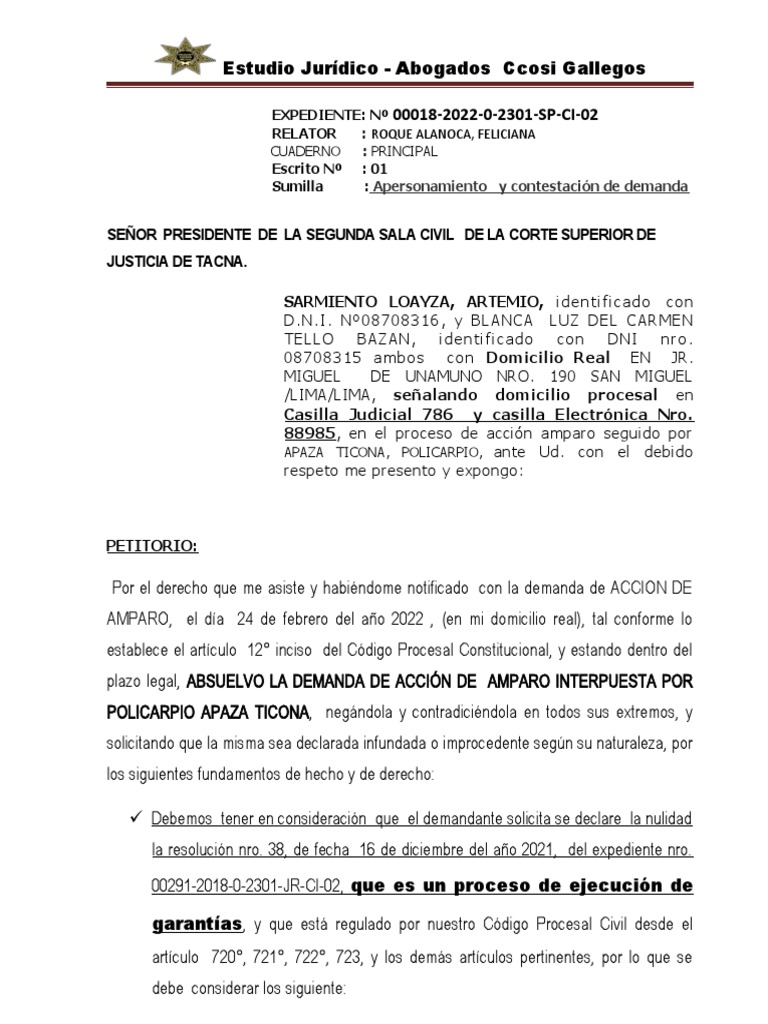 Contestación de Demanda de Amparo | PDF | Ley procesal | Debido al proceso