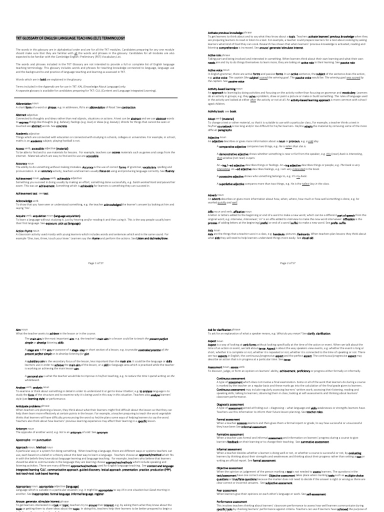 TKT Glossary for English Teaching | PDF | Educational Assessment ...