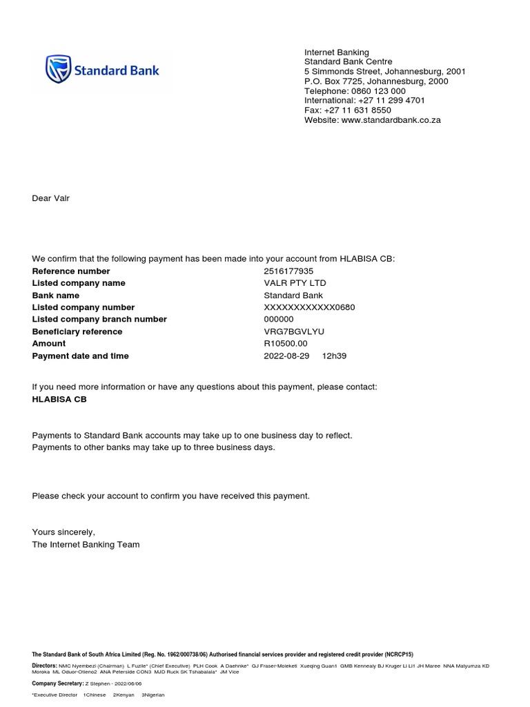 Payment confirmation standard bank notifies valr pty ltd of r10 500