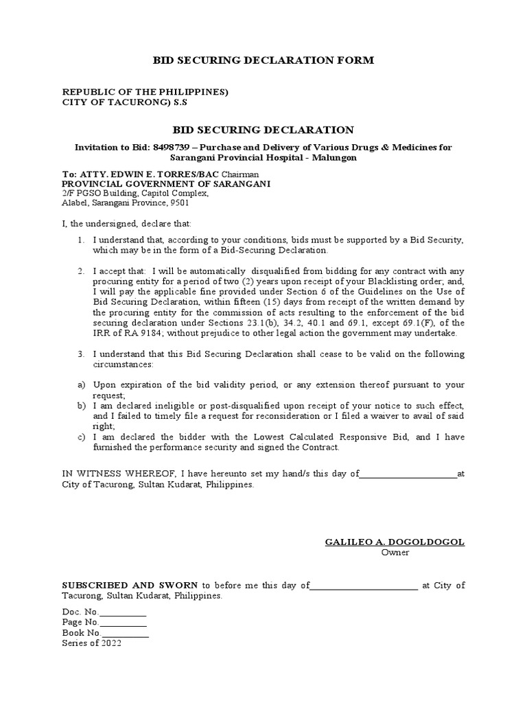Bid Securing Declaration Form PDF Justice Crime & Violence