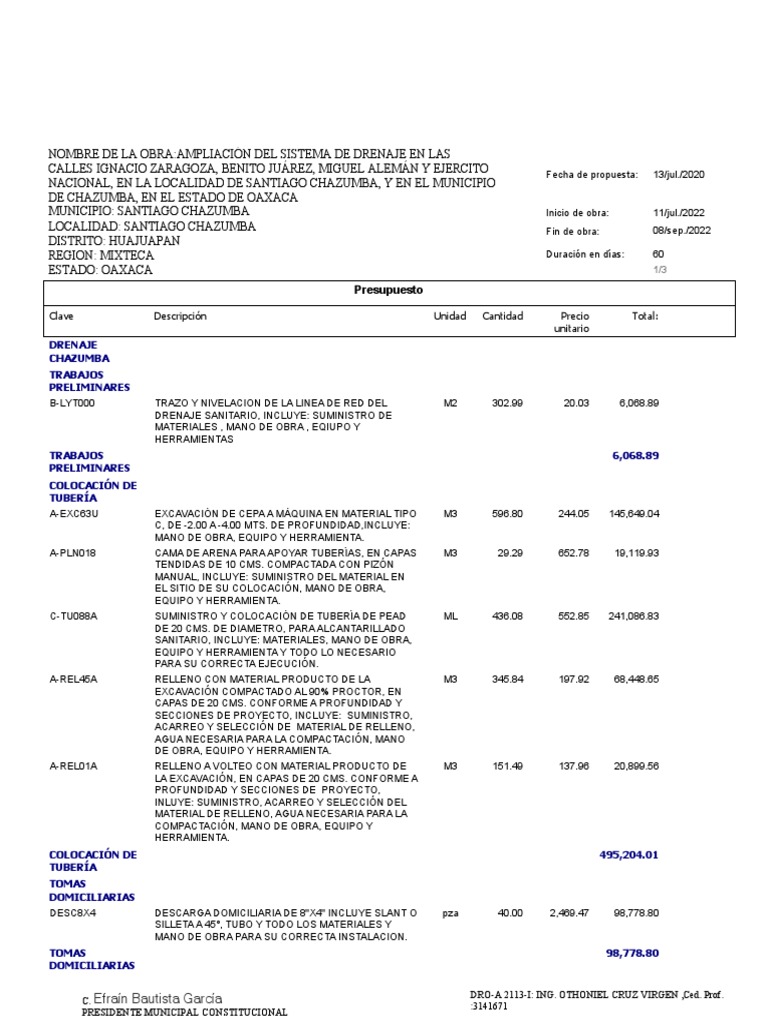 Presupuesto Ampliación Drenaje Chazumba | PDF | Administracion del Agua