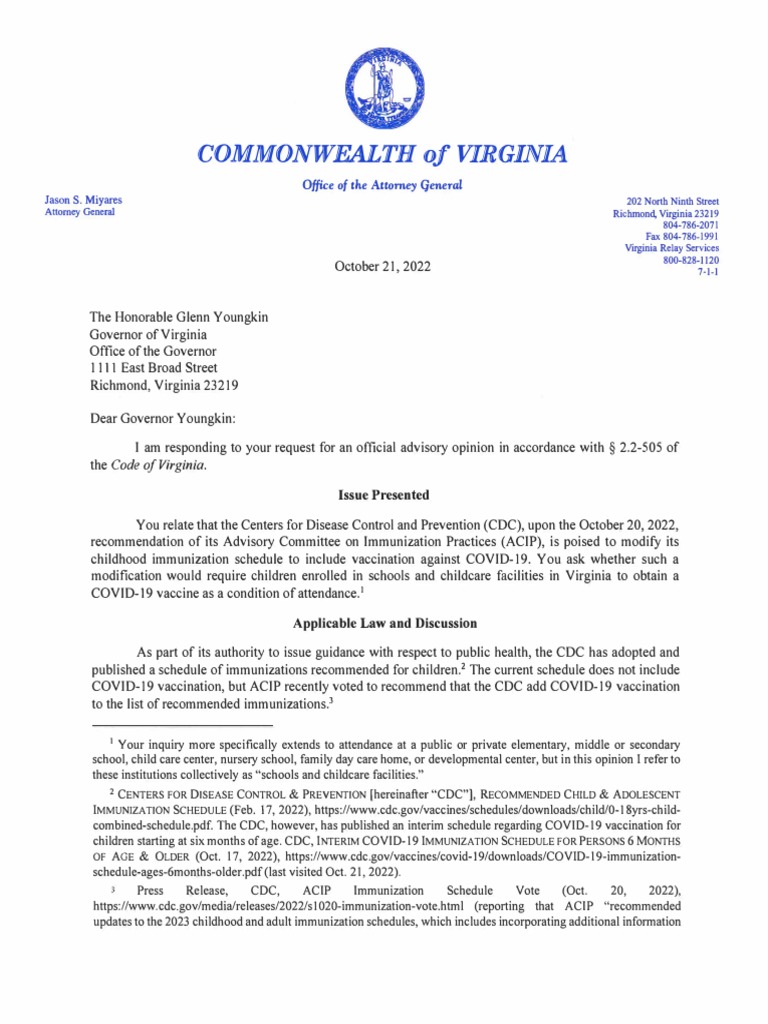 Virginia Attorney General Issues Legal Opinion On COVID19 Vaccines For