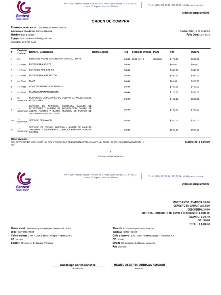 Orden de Compra de Servicios Automotrices | PDF | Tecnologías ...