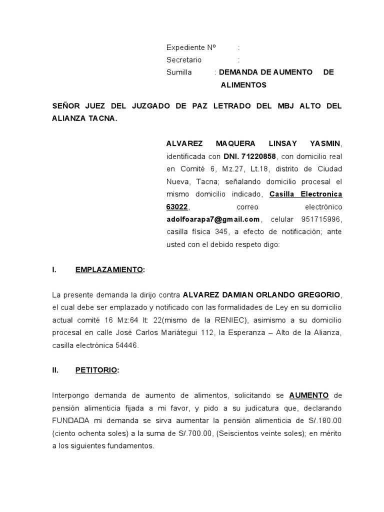 DEMANDA Linsay Alvar (Recuperado Automáticamente) | PDF | Demanda judicial | Pensión alimenticia