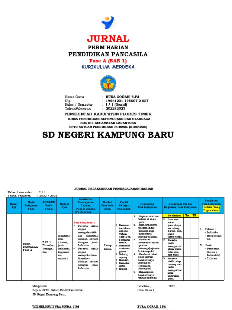 JURNAL HARIAN KURIKULUM MERDEKA MAPEL PPKN KELAS 1 | PDF