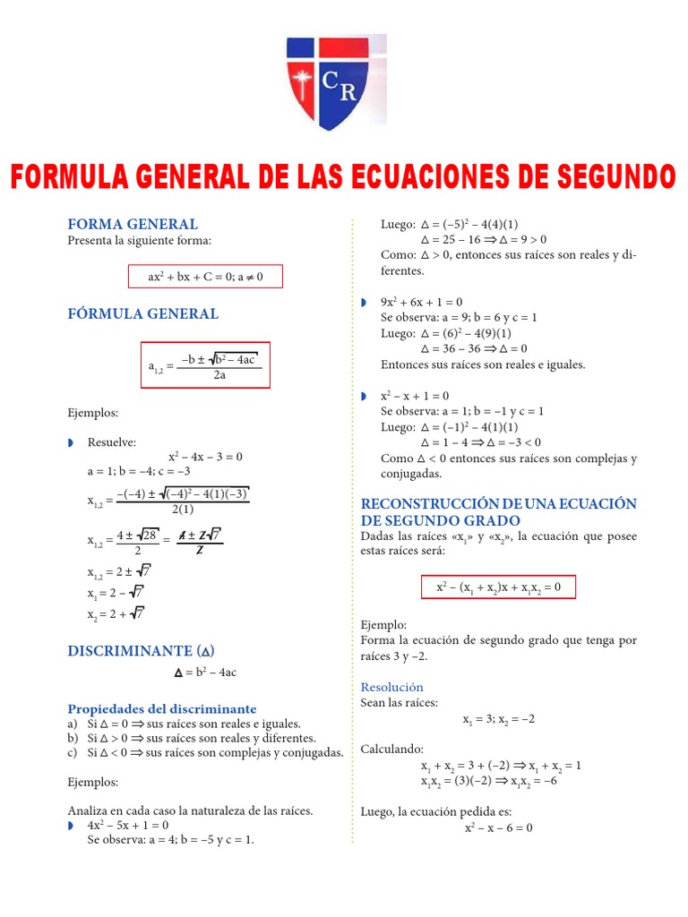 Fórmula General de Ecuaciones Cuadráticas | PDF | Ecuación cuadrática ...