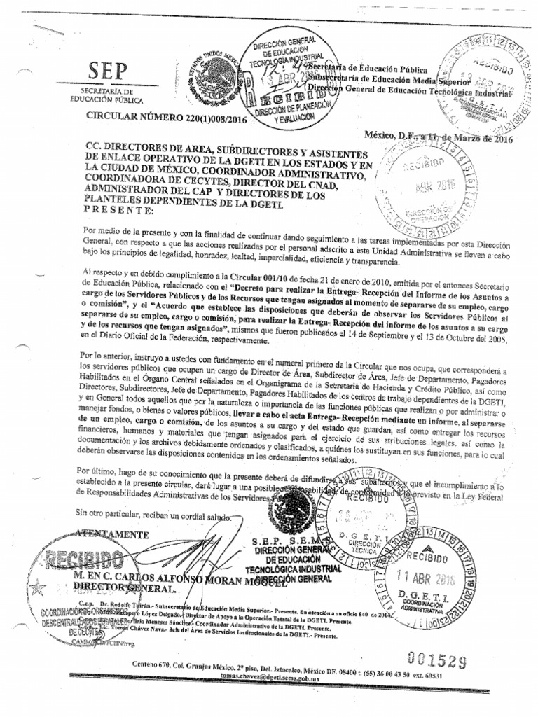 Circular - Servidores Obligados en Dgeti A Formular Entrega Recepcion | PDF