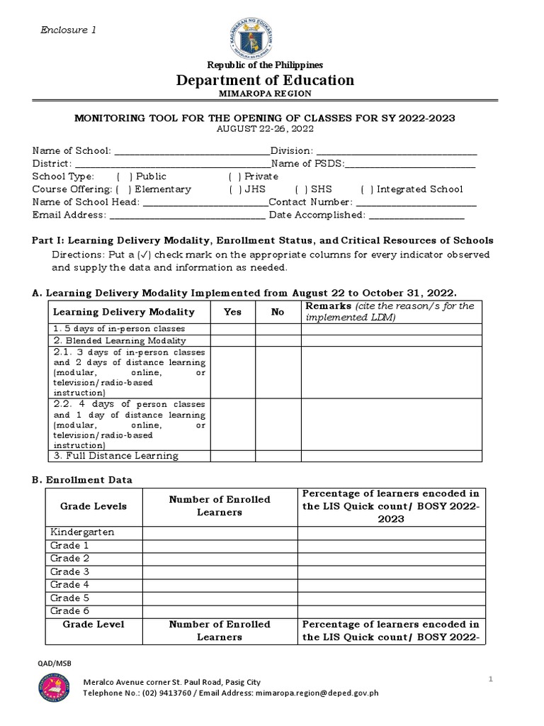 Monitoring Tool for SY 2022-2023 Classes | PDF | Schools | Teachers