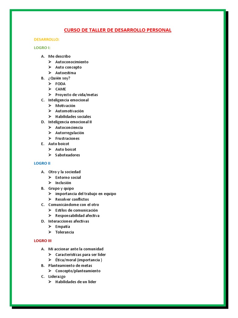 CURSO DE TALLER DE DESARROLLO PERSONAL Desarrollo Del Tem A | PDF ...