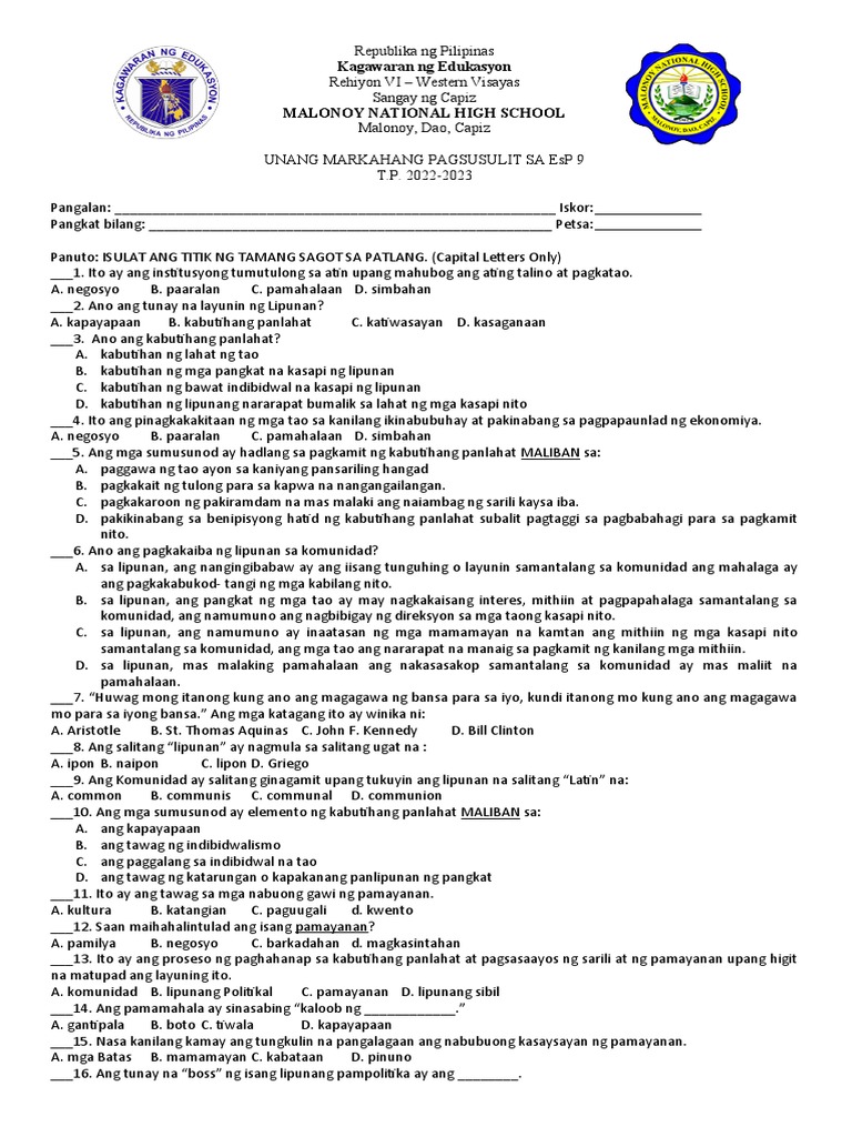 Unang Markahang Pagsususlit Esp 9 - Compress | PDF