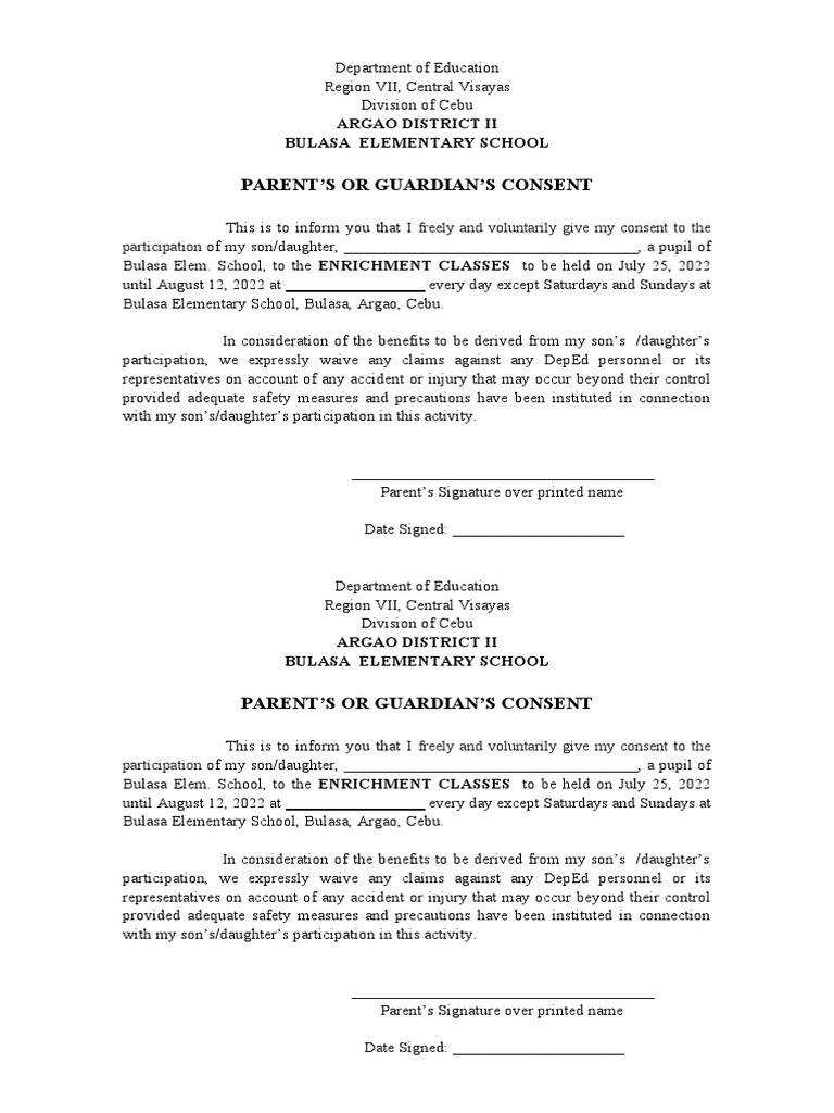 Bulasa Elementary Enrichment Class Consent | PDF