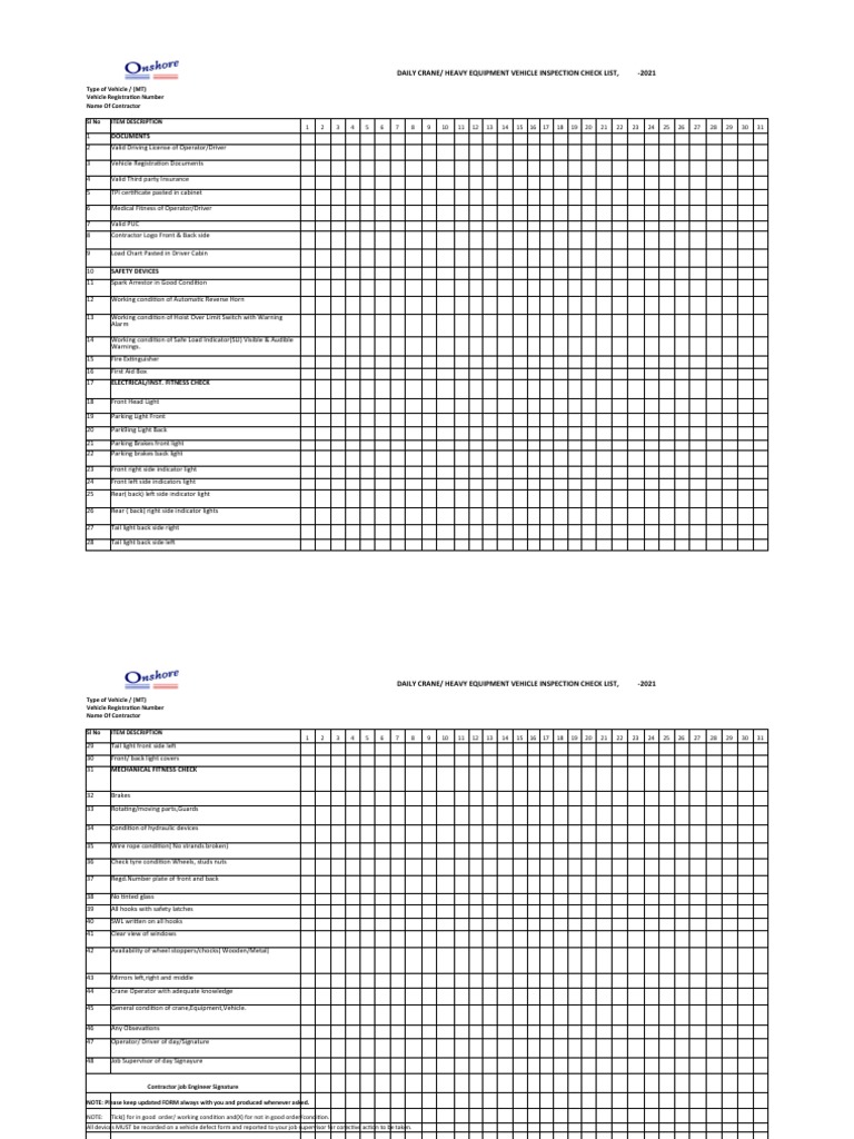 Daily Crane & Pick & Carry Check List | Download Free PDF | Vehicles ...