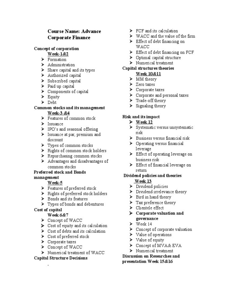 Advanced corporate finance course outline covering key concepts such as