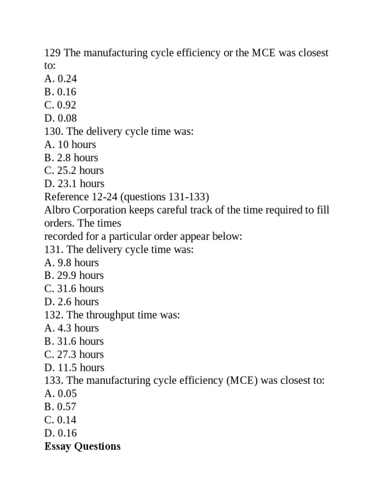 129 the manufacturing cycle efficiency or the mce was closest to pdf