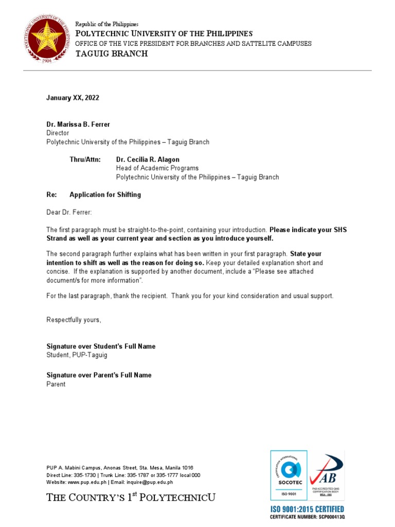 application letter for shifting course sample