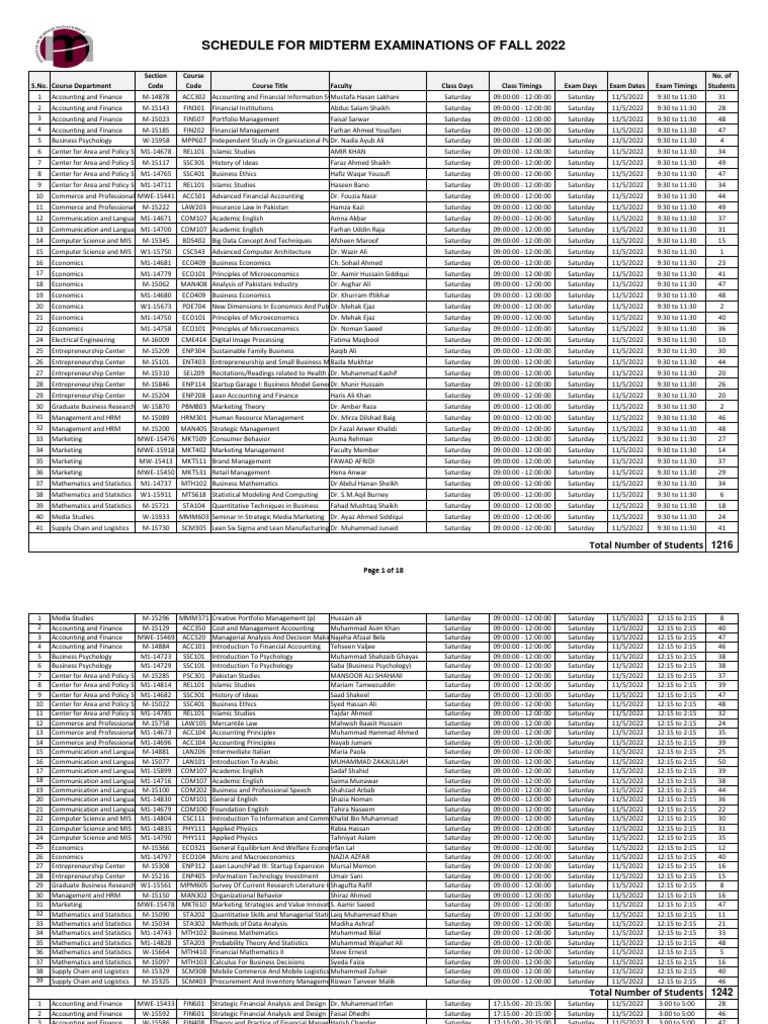 Midterm Exam Schedule Fall 2022 WeekdaysWeekend PDF Human
