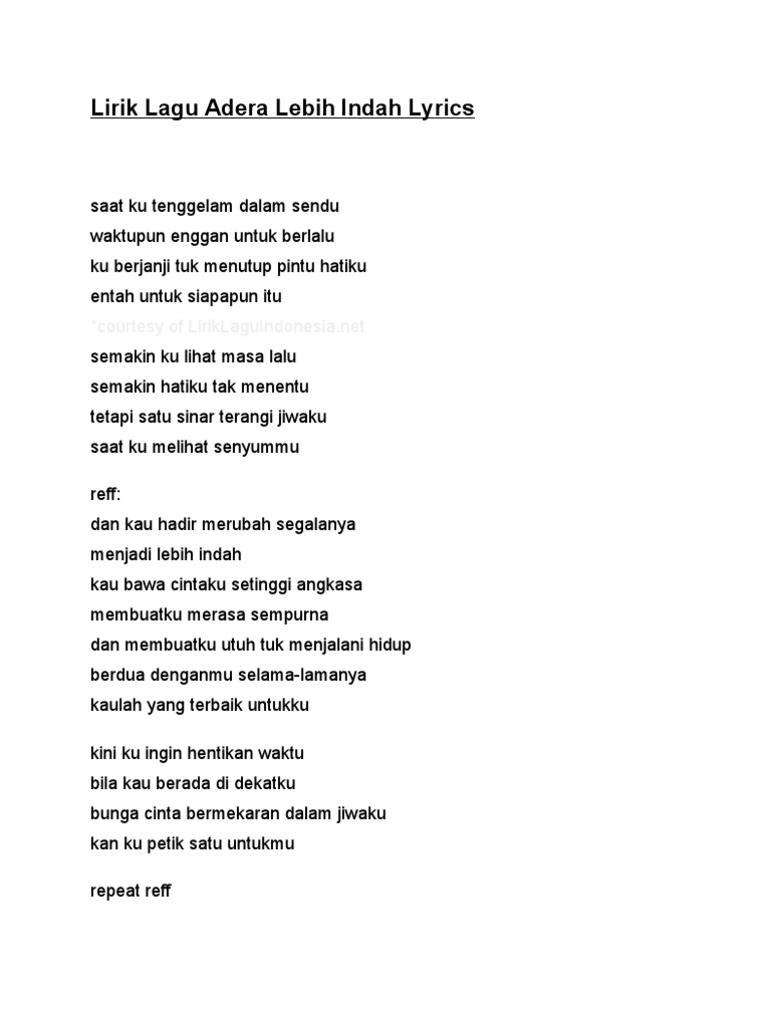 Lirik Lagu Adera Lebih Indah Lyrics