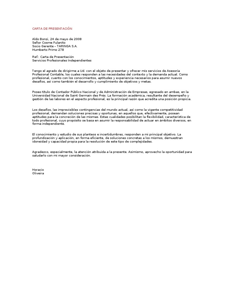 Carta de Presentación Servicios Profesionales Independientes | PDF |  Business | Science