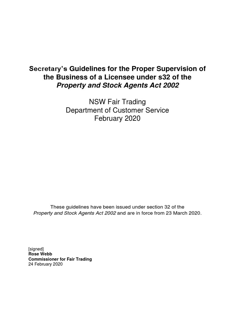 Secretarys Guidelines For The Proper Supervision of The Business of A