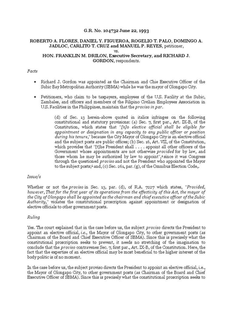 Flores v. Drilon and Gordon (SBMA) PDF Law Of The United States Federal Government Of The