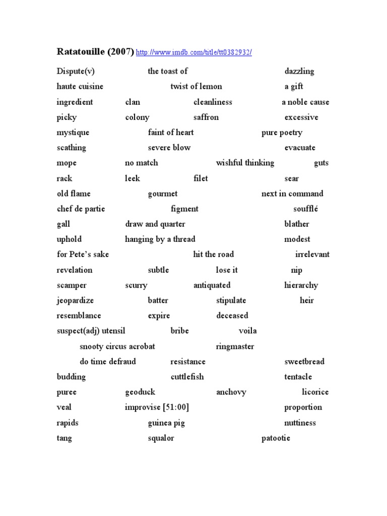 Ratatouille Worksheet for EFL