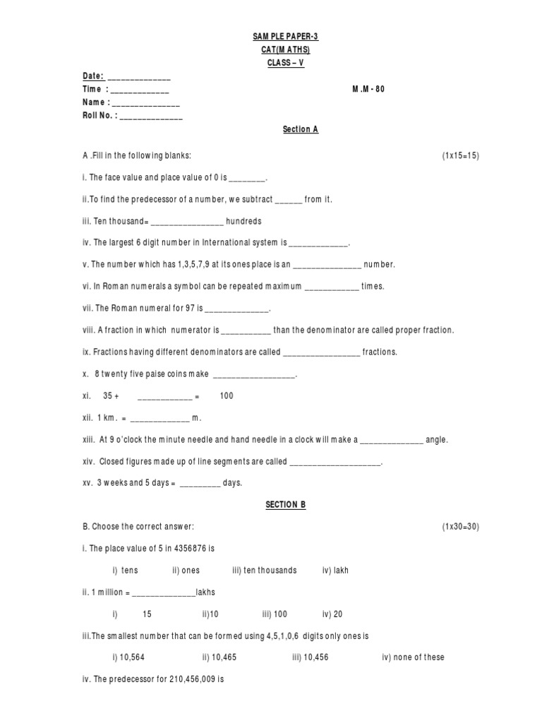Class 5 Maths Sample Paper 3 | PDF | Numbers | Mathematical Notation