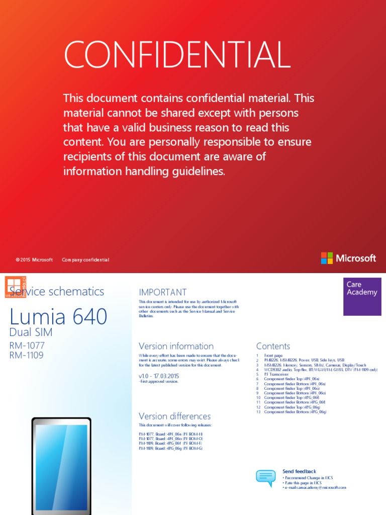 Microsoft Lumia 640 and 640 Dual SIM RM-1077 1109 Service Schematics v1 ...