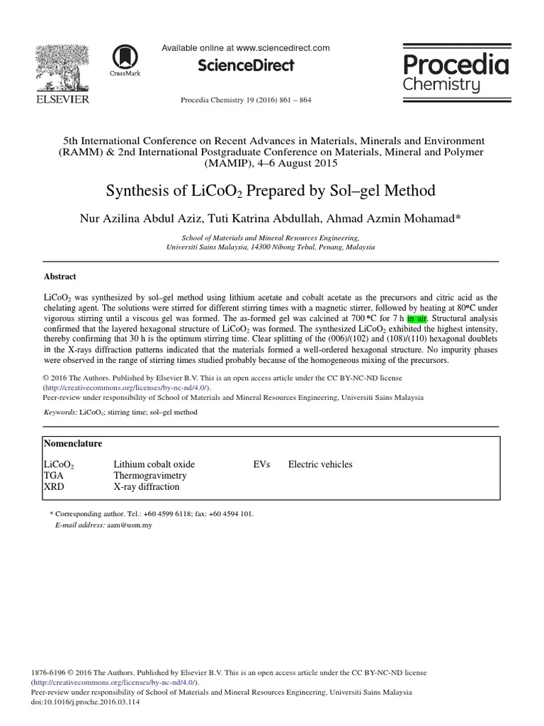 Synthesis of LiCoO2 Prepared by Sol-Gel Method | PDF | Lithium Ion ...