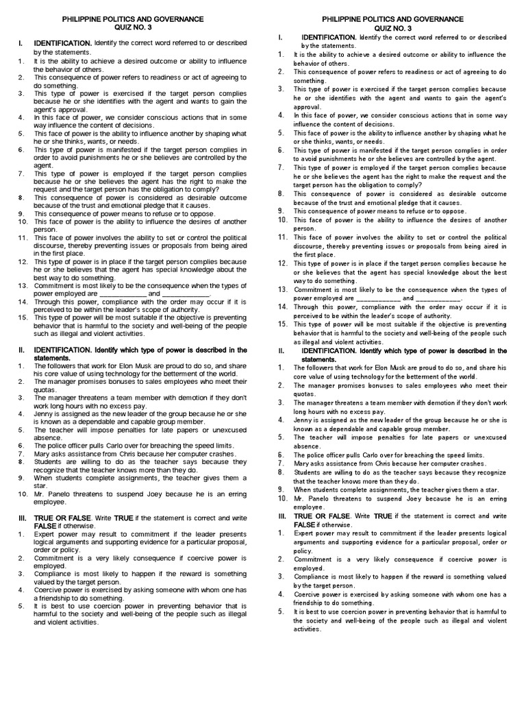 PPG Quiz No. 3 | PDF | Power (Social And Political) | Behavioural Sciences
