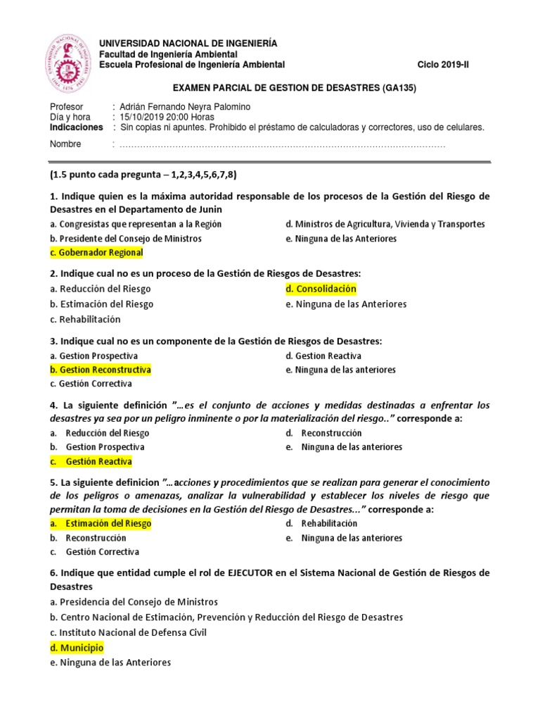 Examen de Gestión de Desastres 2019 | PDF | Reducción de Desastres | Riesgo