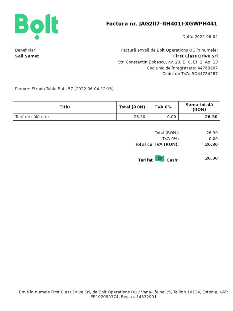 Ride Invoice From Bolt | PDF