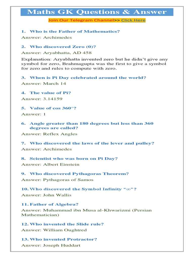 Maths GK Questions & Answer PDF Pi Numbers