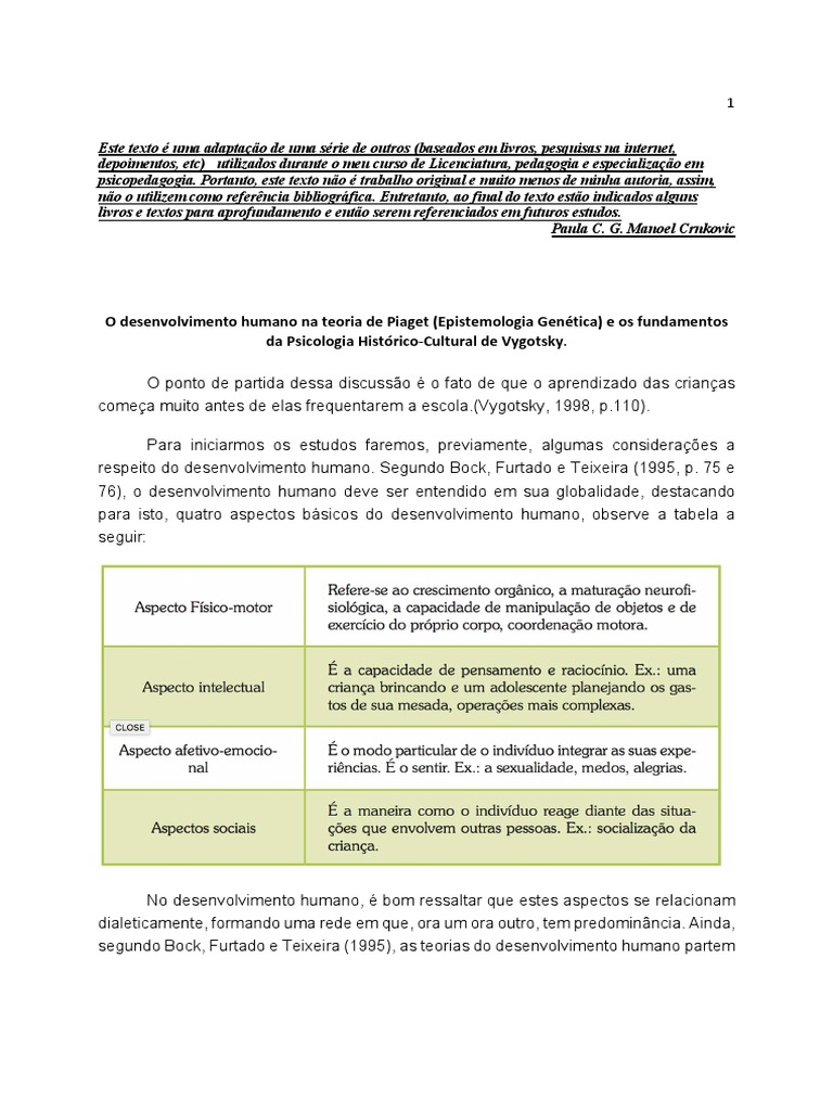 Piaget e Vygotsky: Teorias do Desenvolvimento | PDF | Aprendizado ...