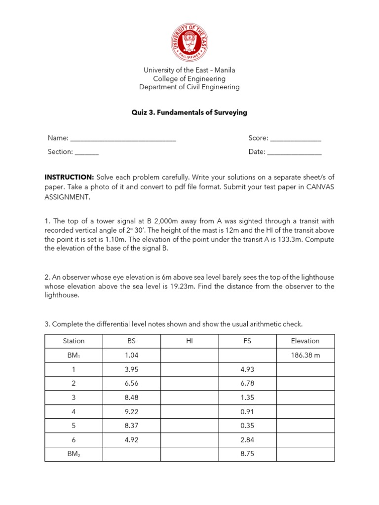 Quiz 3. Fundamentals of Surveying | PDF | Surveying