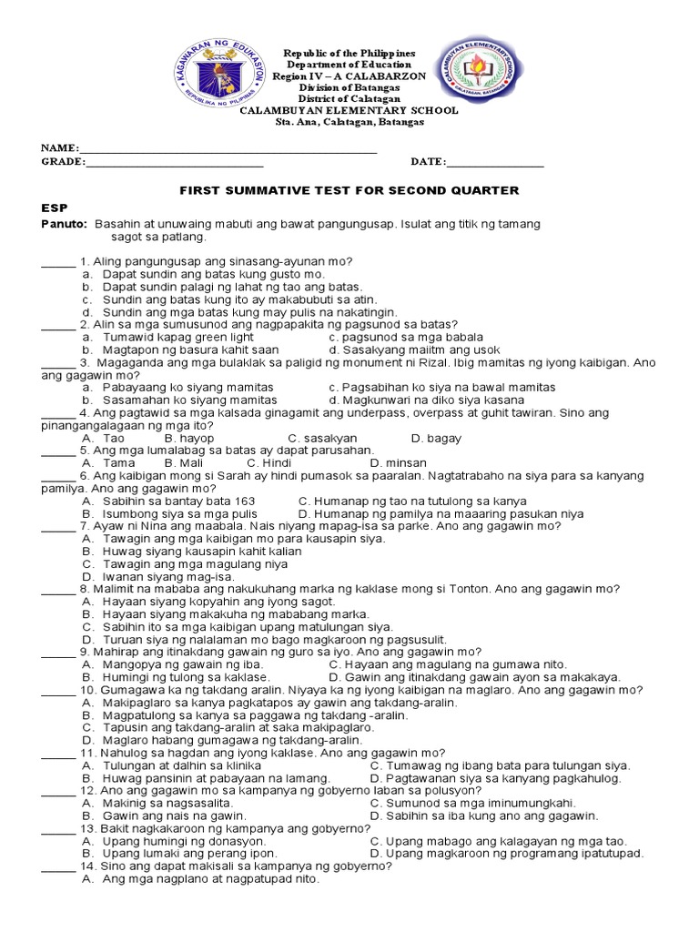 1st Summative Test - 2nd Quarter | PDF