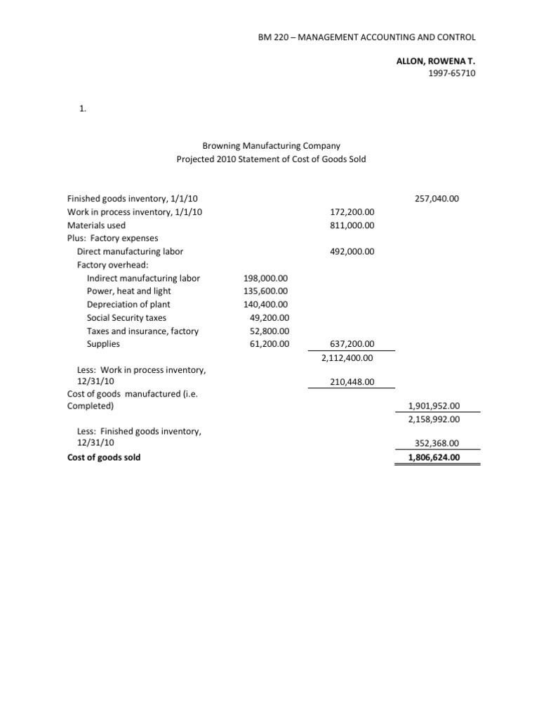 CASE 61 Browning Manufacturing Company PDF Cost Of Goods Sold