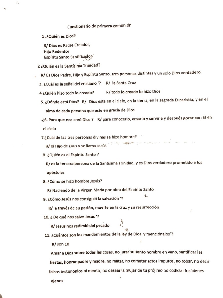 Preguntas Examen Primera Comunión PDF eucaristía Misa (liturgia)
