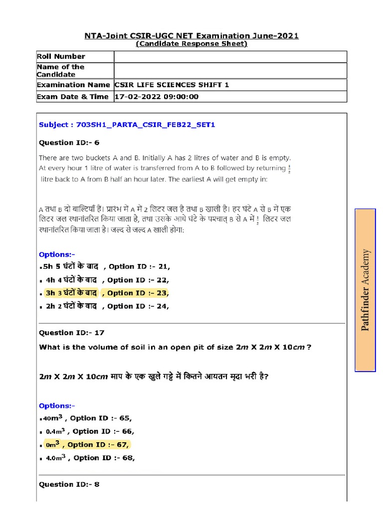 Life Sciences Question Papers 2021 Shift 1 PDF Science Biotechnology