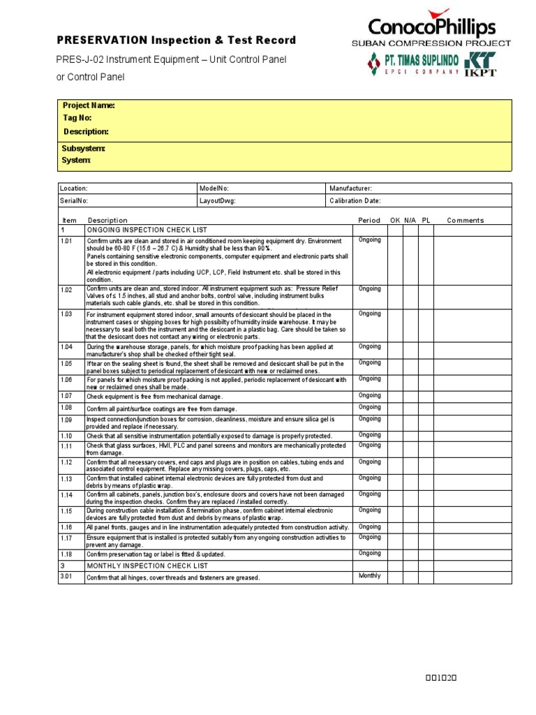 Control Panel Preservation Checklist | PDF | Manufactured Goods | Equipment