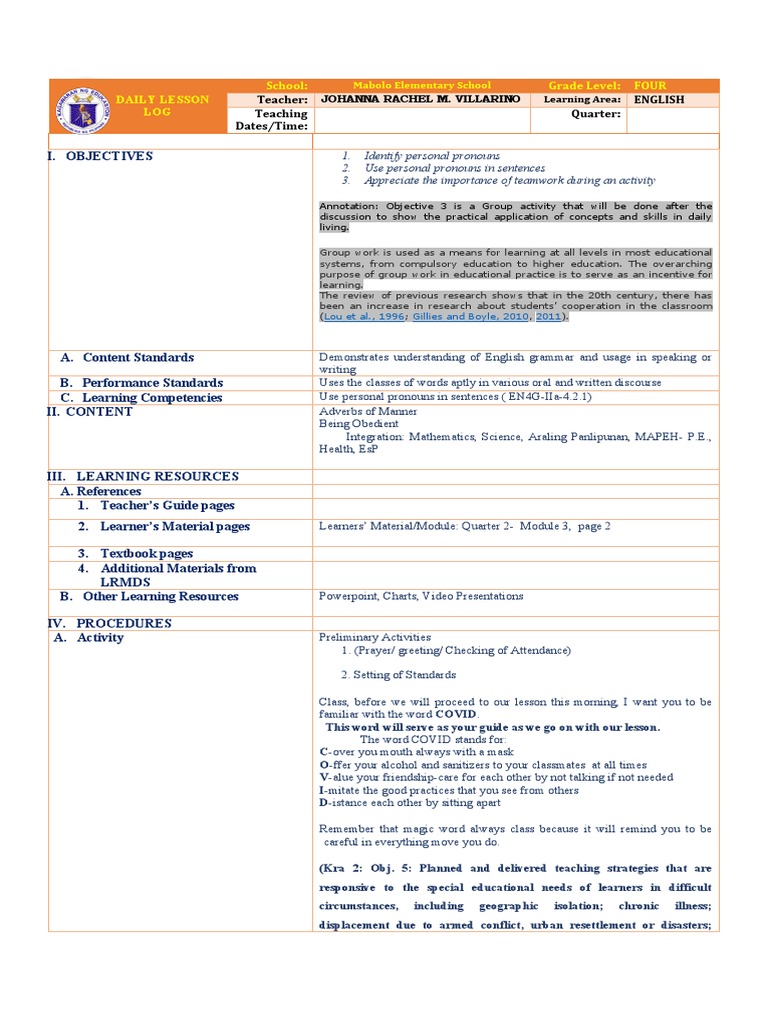 Grade 4 Annotated Lesson Plan: English | PDF | Teachers | Learning