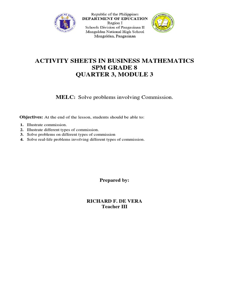 Commision Worksheet Free Printable