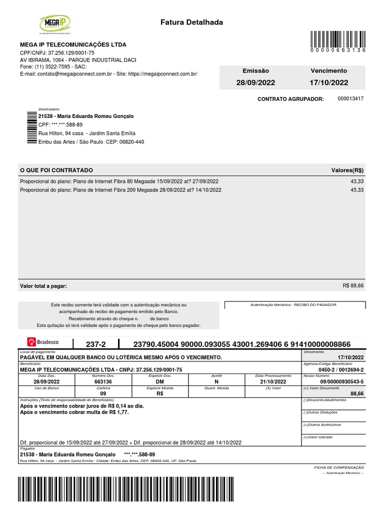 Fatura de Internet Mega IP 80/200 Megas | PDF | Cheque (banco ...