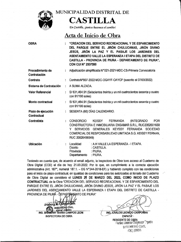 Acta de Inicio de Obra | PDF