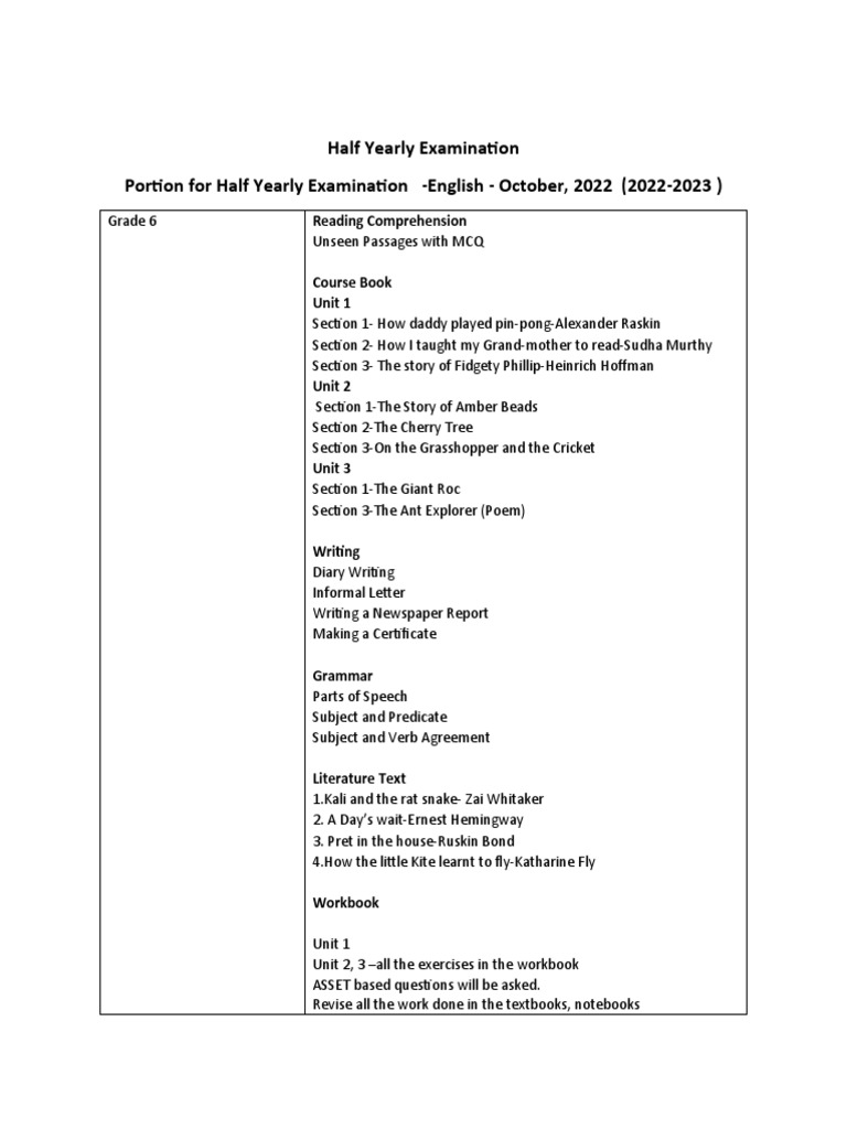 1 Collated Half Yearly Examination English GR 612 PDF Verb Subject (Grammar)