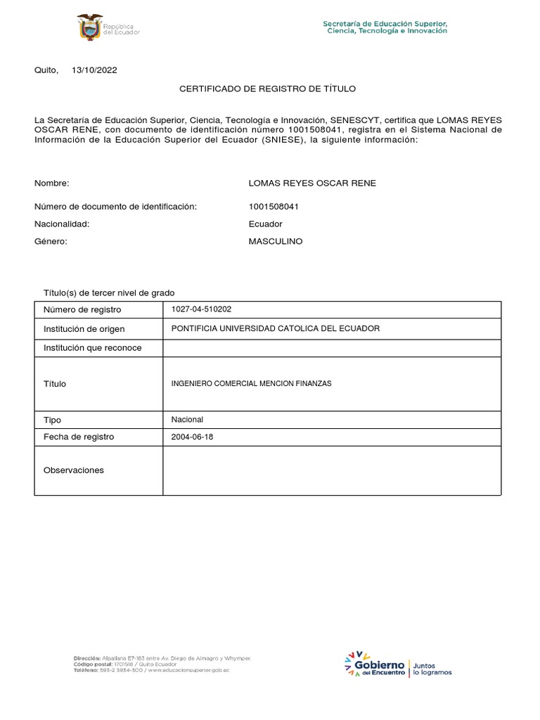 Certificado Senescyt Bachiller