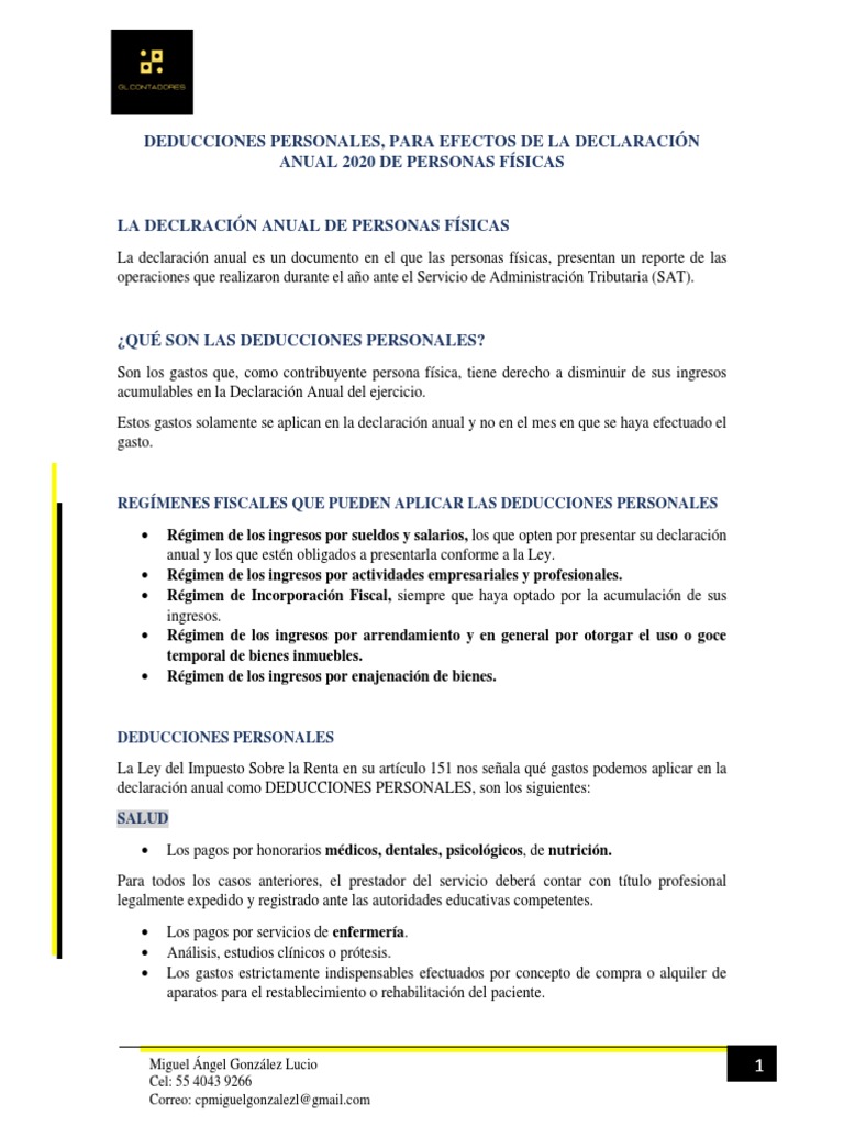 Deducciones Personales 2020 para Declaración | PDF | Impuesto sobre la ...