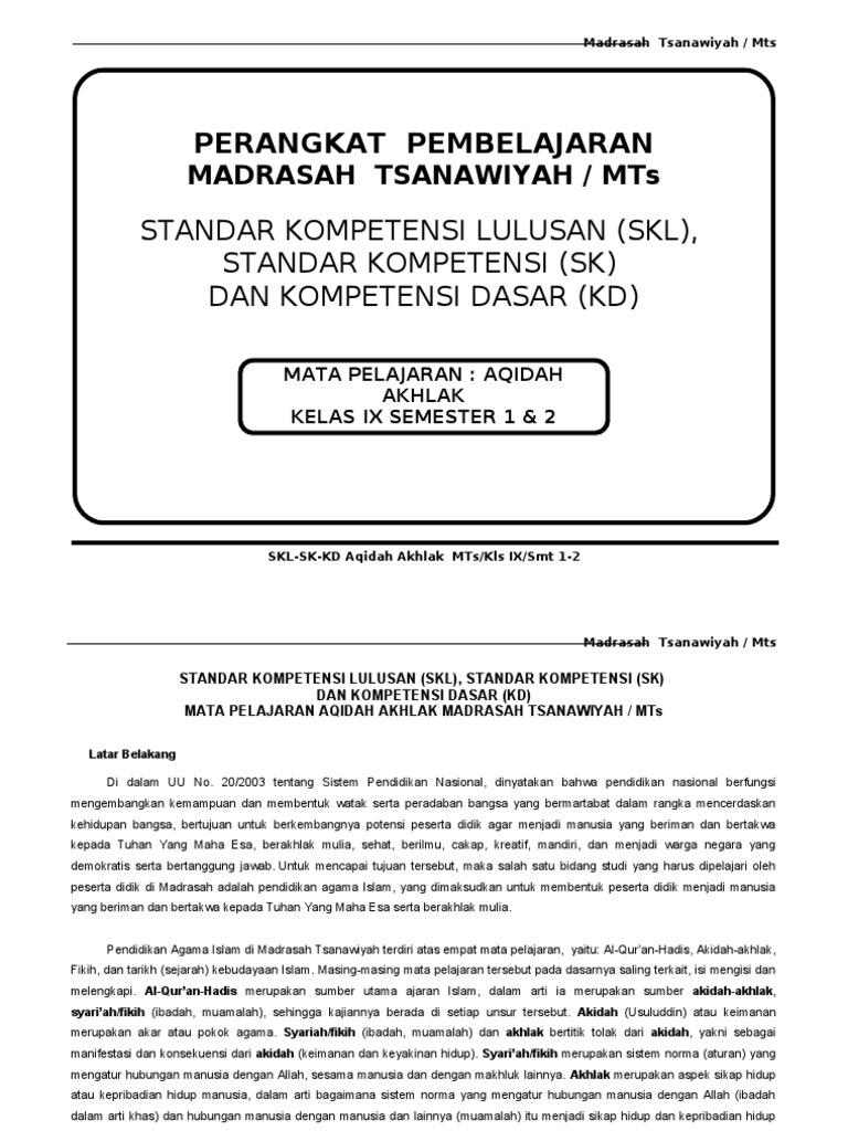 Perangkat Pembelajaran Aqidah Akhlak Mts Kelas 8 Kurikulum 2013 Revisi