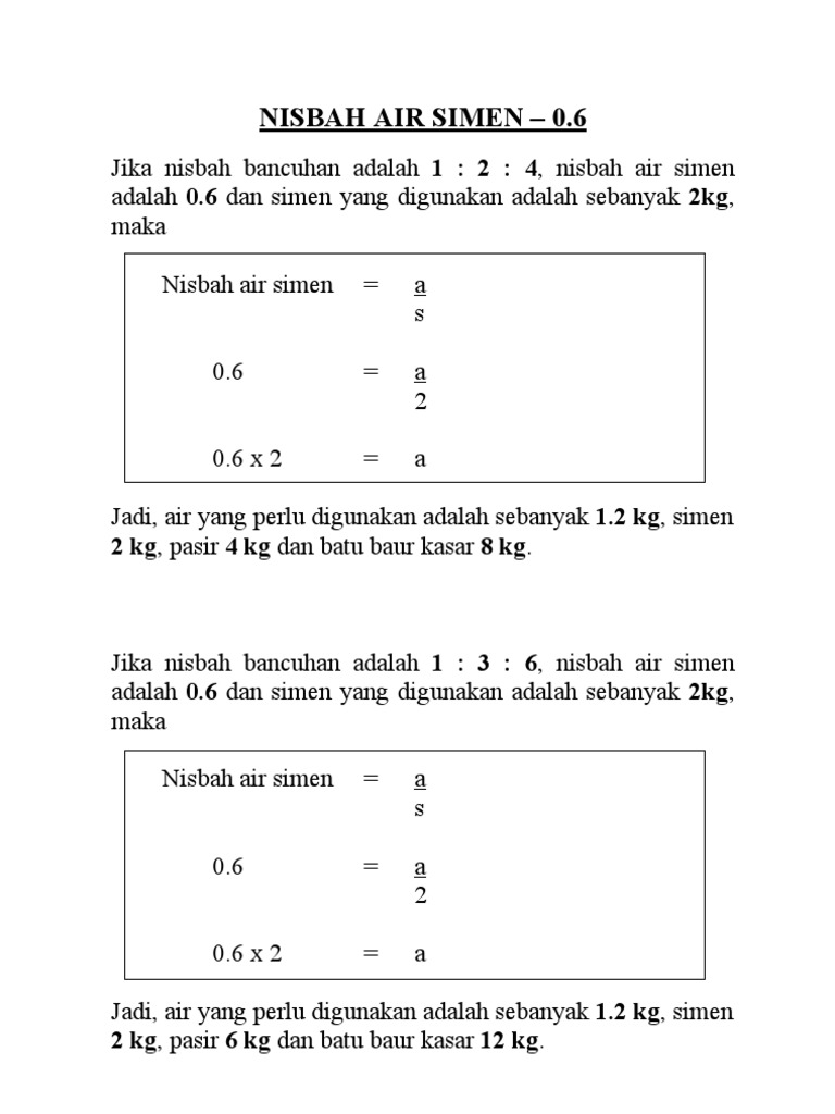 Nisbah Bancuhan Simen dan Air | PDF | Memasak, Makanan, & Anggur